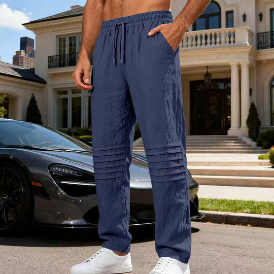 Herren Leinenoptik-Loungehose mit Tunnelzug elastischem Bund und abgesteppten Kniepanelen EB