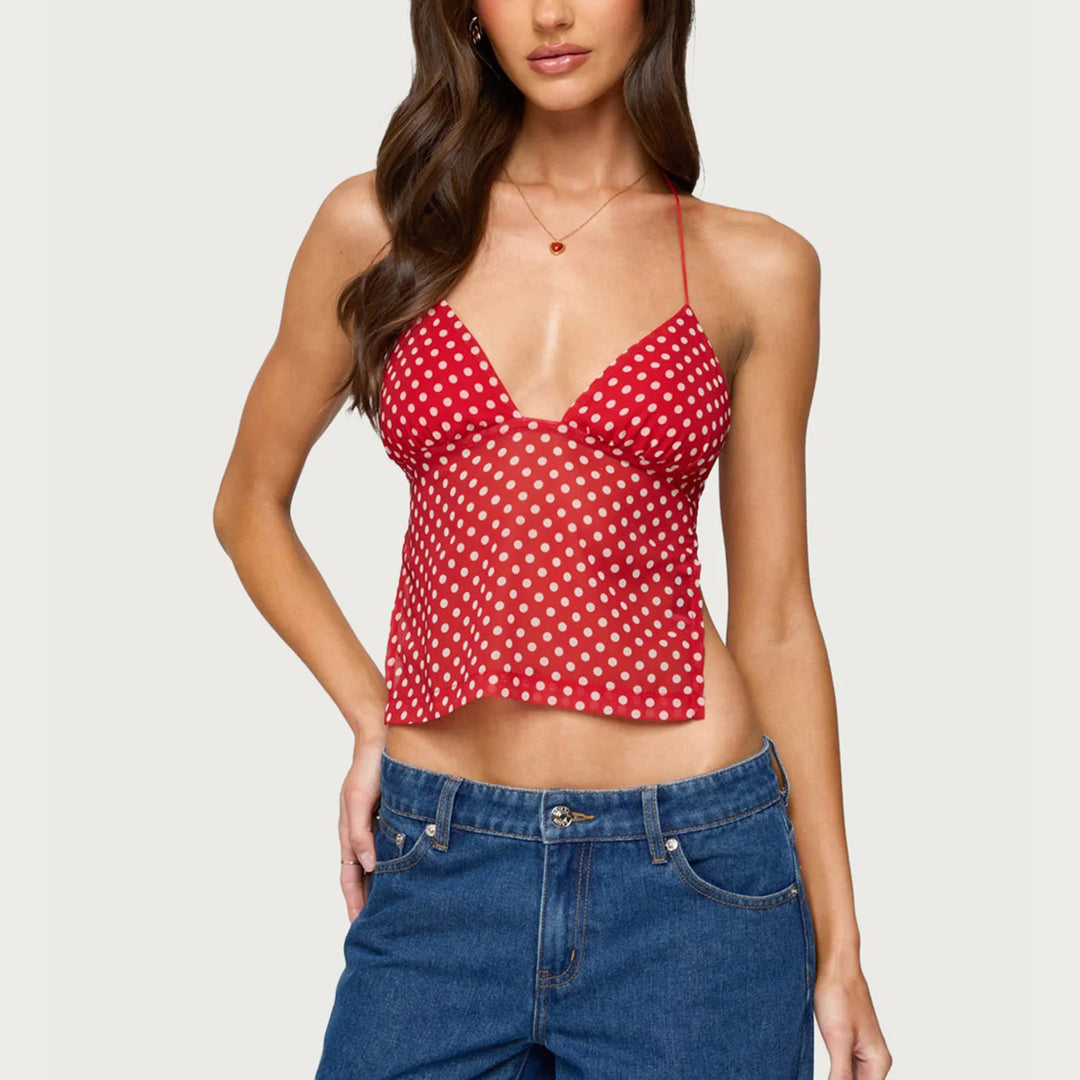 Damen Transparente Bluse mit Punktmuster und dehnten Trägern EB