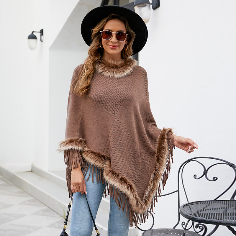 Damen eleganter Poncho mit luxuriösem Kunstfellkragen und dekadenten Fransen EB