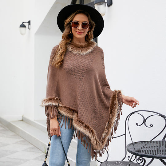 Damen eleganter Poncho mit luxuriösem Kunstfellkragen und dekadenten Fransen EB