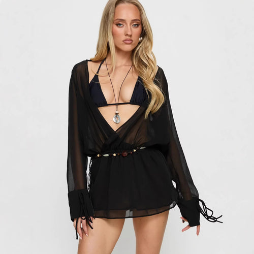 Damen lässige Chiffonbluse mit tiefem V-Ausschnitt und seitlichen Bändern EB