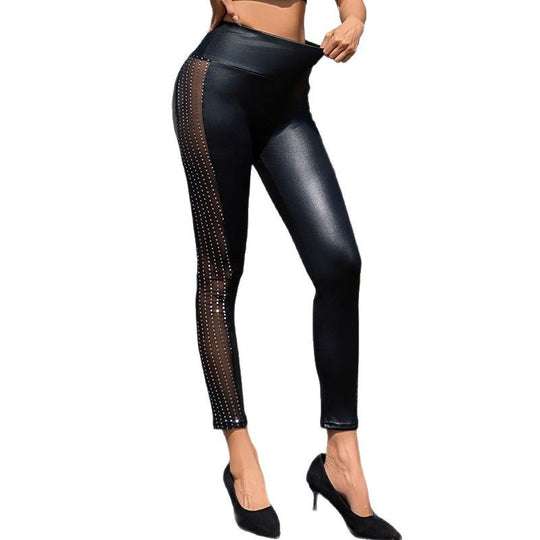 Damen Hochglänzende Leggings mit transparenten Mesh-Einsätzen und Strass-Detail EB