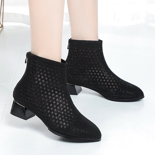 Damen Elegante Stiefeletten mit durchlässigem Netzdesign und stilvollem Blockabsatz EB