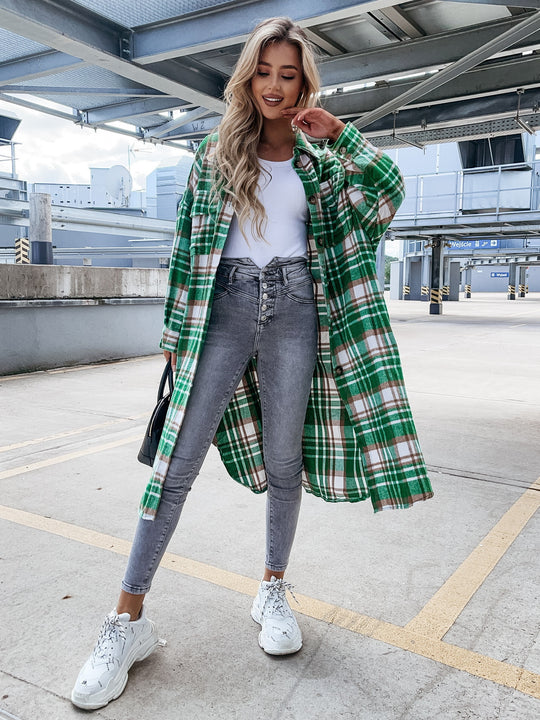 Damen lässige Karo-Hemdjacke mit asymmetrischem Schnitt und Taschen EB