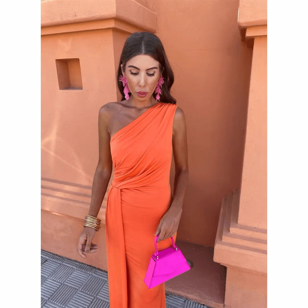 Damen Maxikleid mit asymmetrischem Ärmeldesign und eleganter Drapierung EB
