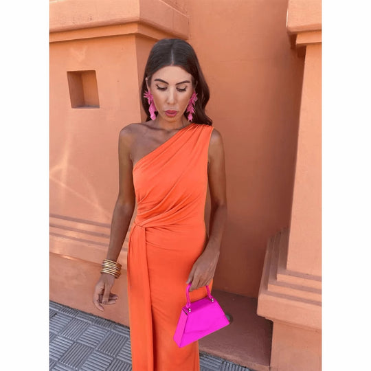 Damen Maxikleid mit asymmetrischem Ärmeldesign und eleganter Drapierung EB