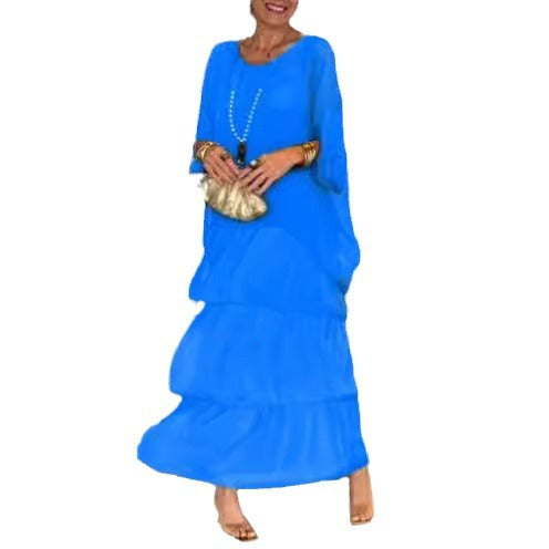 Damen nan bodenlanges Stufenkleid mit weiten Fledermausärmeln und lockerer Silhouette EB