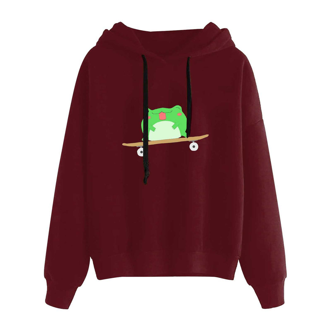 Damen nan kurz geschnittener Cropped-Kapuzenpullover mit niedlicher Frosch-Illustration und verstellbarer Kapuze EB