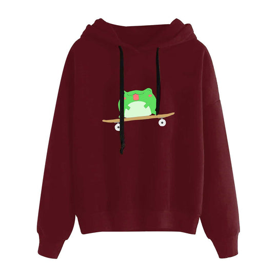 Damen nan kurz geschnittener Cropped-Kapuzenpullover mit niedlicher Frosch-Illustration und verstellbarer Kapuze EB