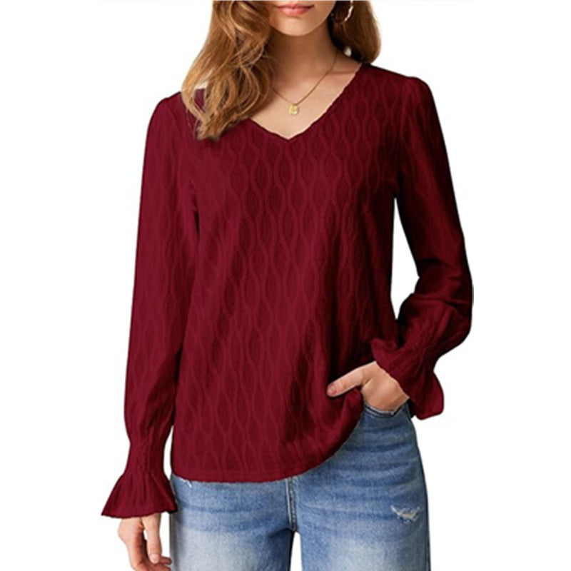 Damen modische V-Ausschnitt Bluse mit raffinierten Rüschendetails EB