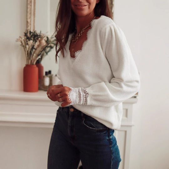 Damen Strickpullover mit Spitzenkragen und Puffärmeln EB