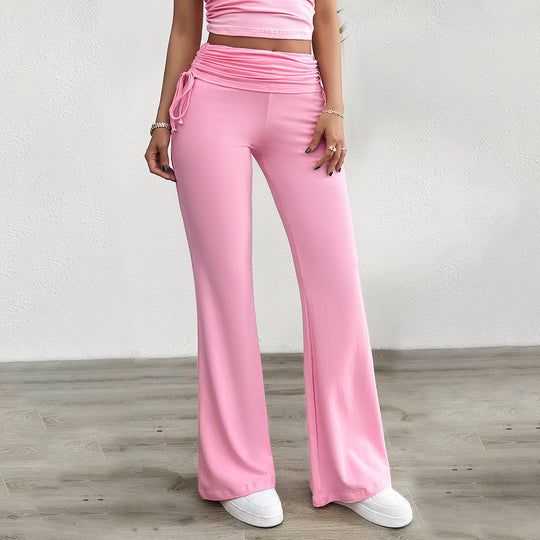 Damen nan weiche Palazzo-Loungehose mit Umschlagbund, seitlichen Kordelzügen und ausgestelltem Bein EB