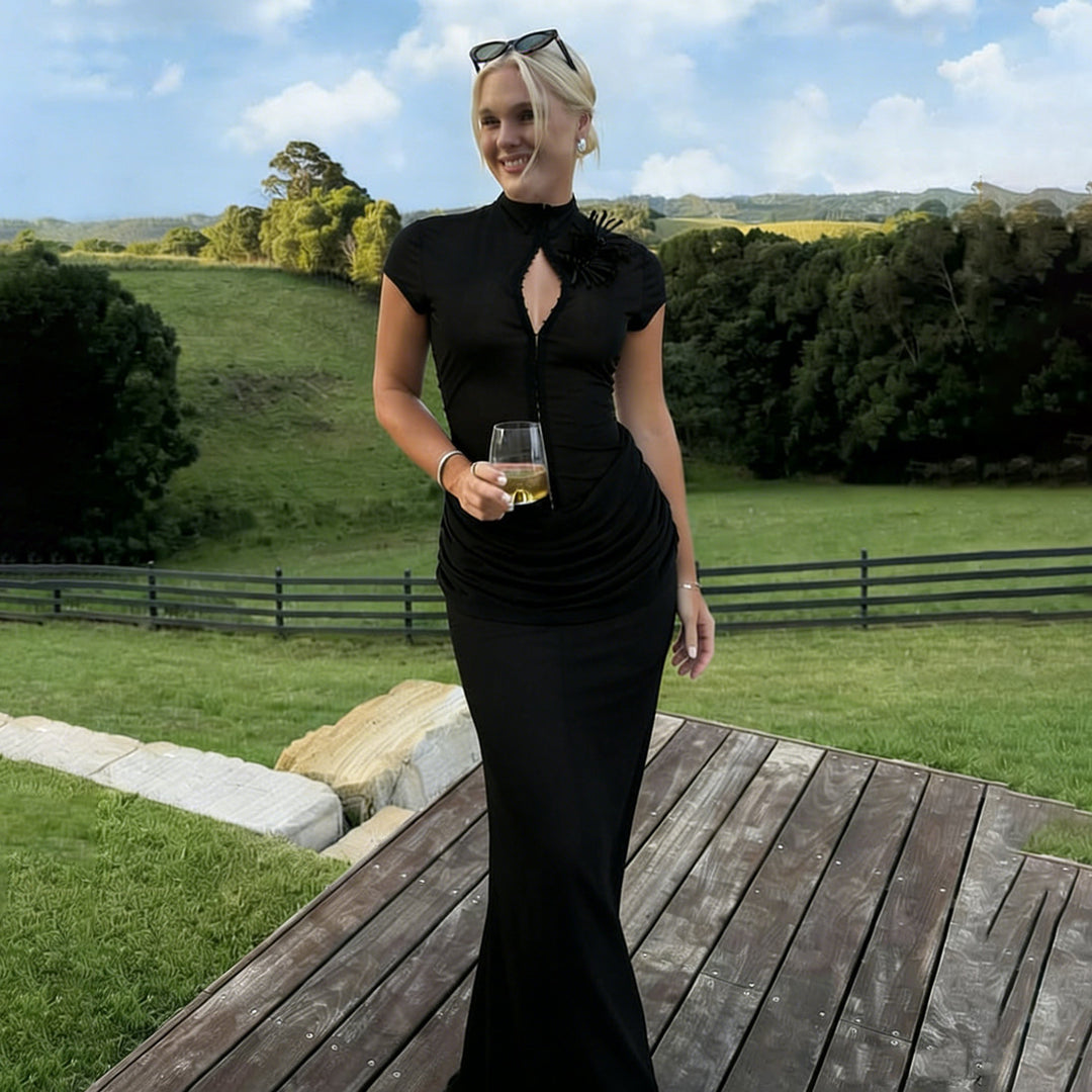 Damen Langarm Maxikleid mit raffiniertem Schnitt und eleganter Knopfdetail EB