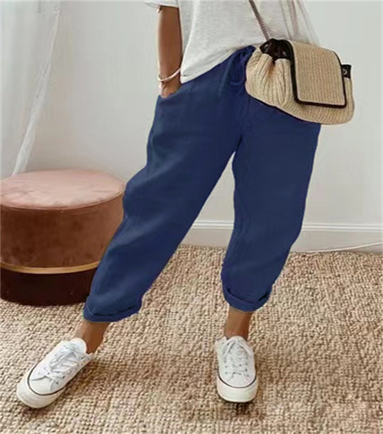 Damen nan legerer Leinen-Jogger mit Kordelzug, Eingrifftaschen und umgeschlagenem Saum EB