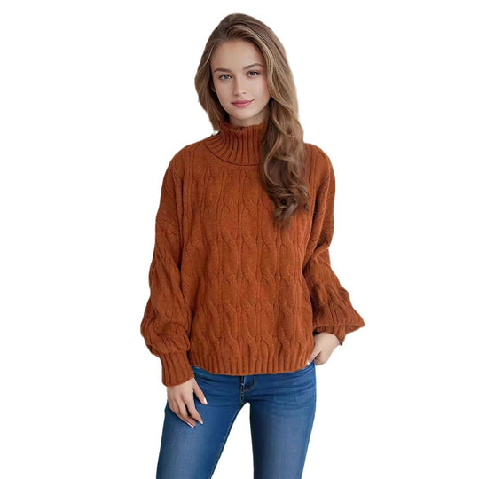 Damen Strickpullover mit hohem Kragen und strukturierter Zopfoptik EB