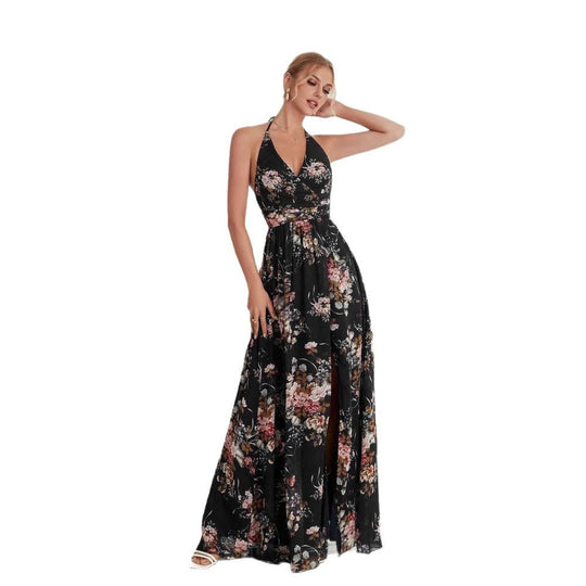 Damen Maxikleid mit hochgeschlossenem Ausschnitt und seitlichem Schlitz EB