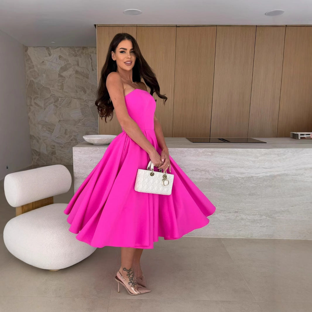 Damen A-linien Cocktailkleid mit trägerlosem Schnitt und schwingendem Rock EB