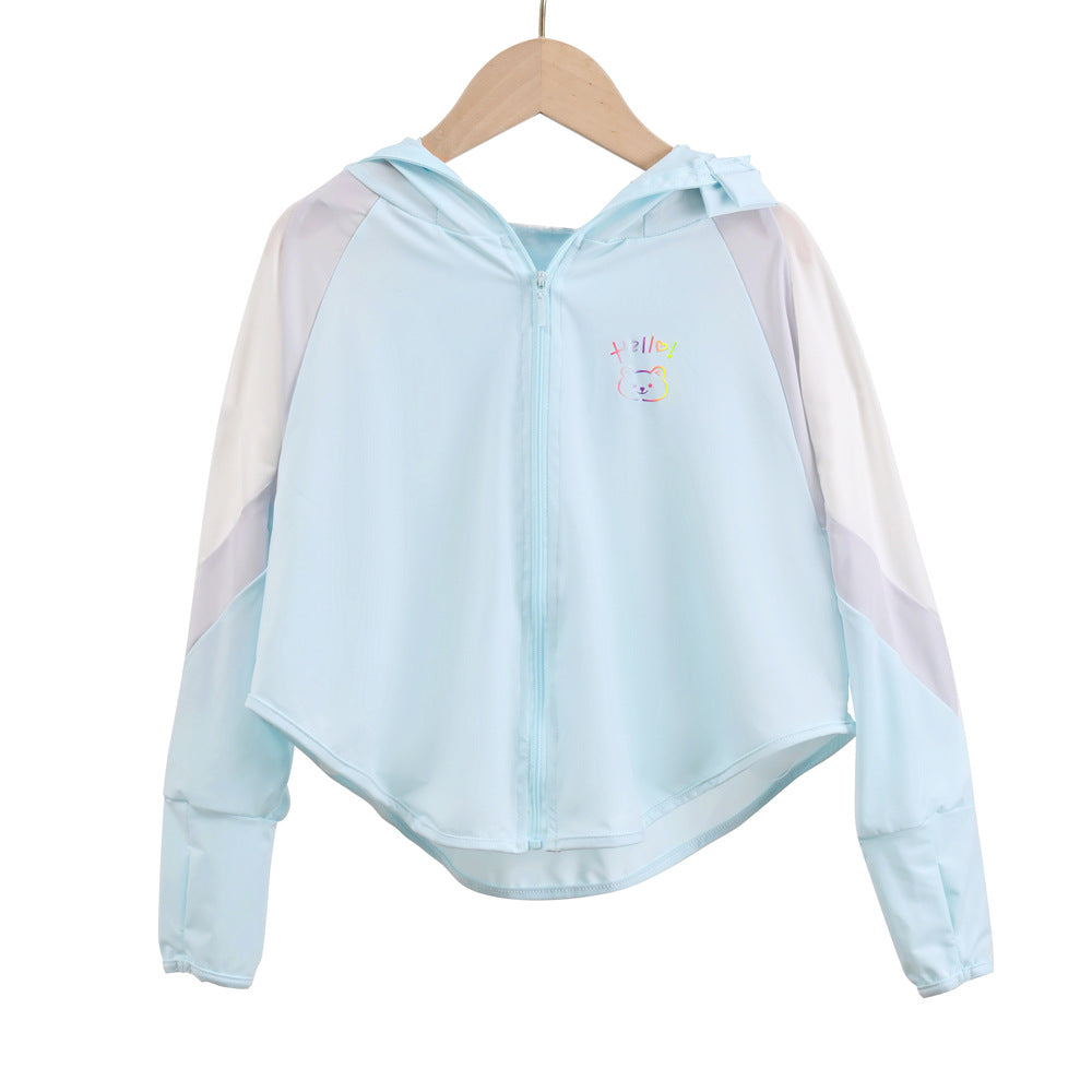 Unisex nan ultraleichte Kinder-Sonnenschutzjacke mit Kapuze, Reißverschluss, Meshfutter und Bärenstickerei  EB