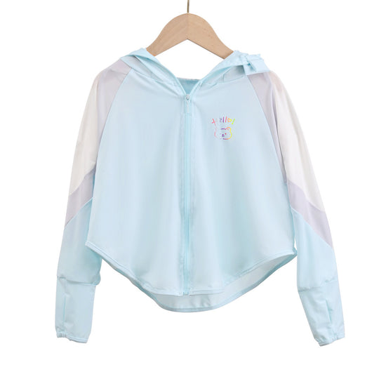 Unisex nan ultraleichte Kinder-Sonnenschutzjacke mit Kapuze, Reißverschluss, Meshfutter und Bärenstickerei  EB