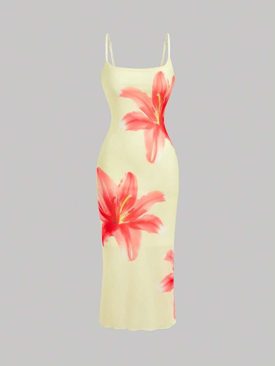 Damen sommerliches Blumenkleid mit feinen Spaghetti-Trägern und fließendem Schnitt EB