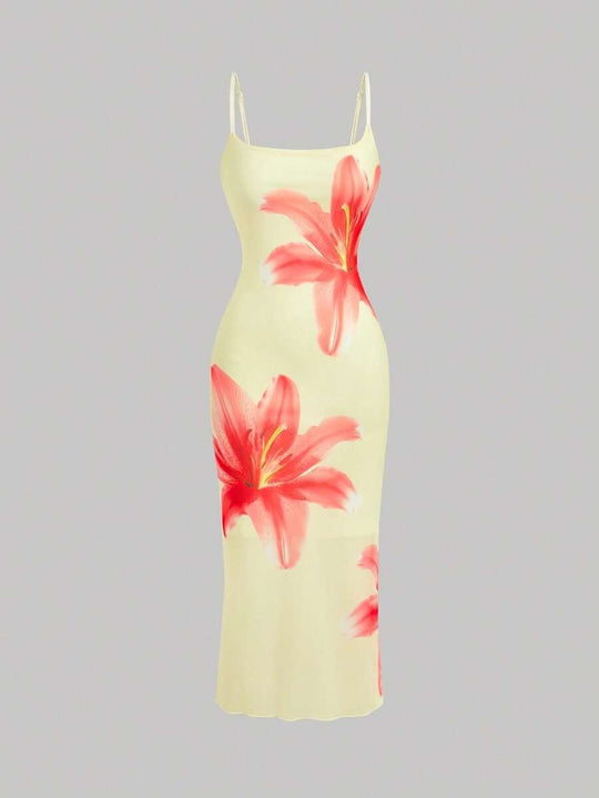 Damen sommerliches Blumenkleid mit feinen Spaghetti-Trägern und fließendem Schnitt EB