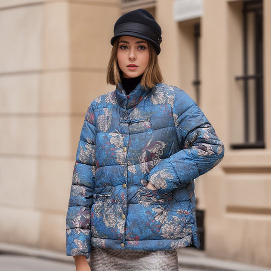 Damen gesteppte Winterjacke mit buntem Kunstdesign und praktischen Taschen EB