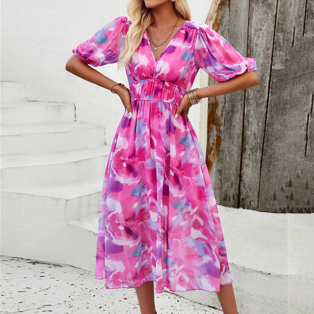 Damen Midikleid mit eleganten Puffärmeln und romantischem Blumenmuster EB