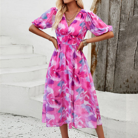 Damen Midikleid mit eleganten Puffärmeln und romantischem Blumenmuster EB