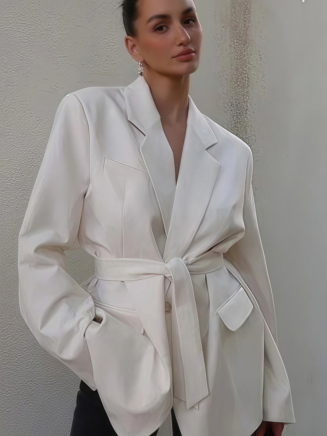 Damen Elegante Blazerjacke mit Gürtel und Taschen EB