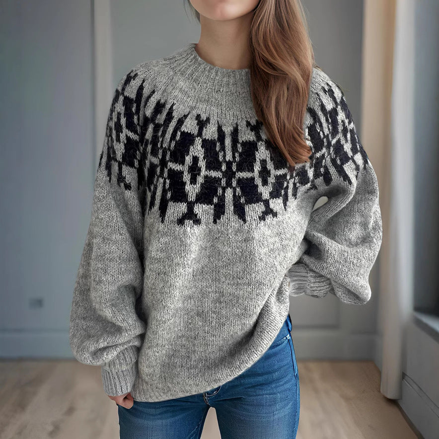 Damen Strickpullover mit voluminösen Ärmeln und modernem Muster EB