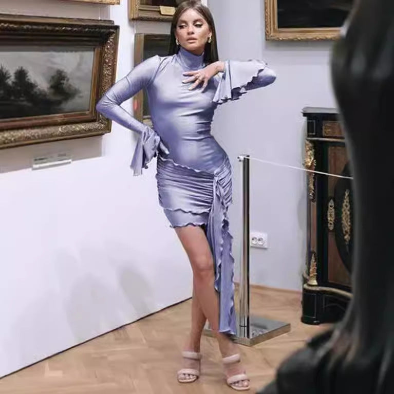 Damen Wickelkleid mit hohen Rüschendetails und Stehkragen EB