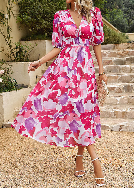 Damen Maxikleid mit Blumenmuster und eleganten Puffärmeln EB