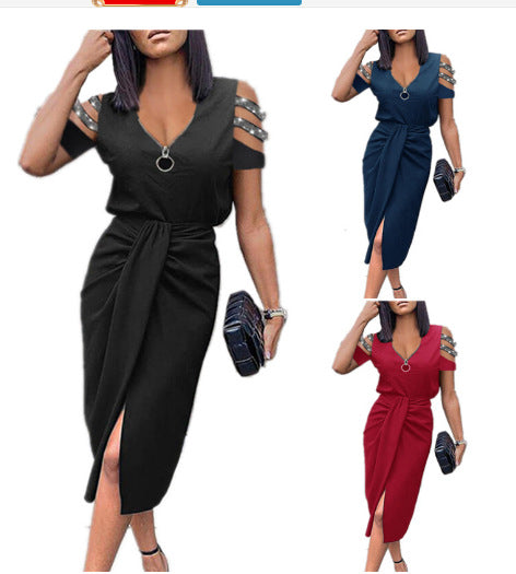 Damen Maxi Kleid mit schickem V-Ausschnitt und eleganten Schulterdetails EB