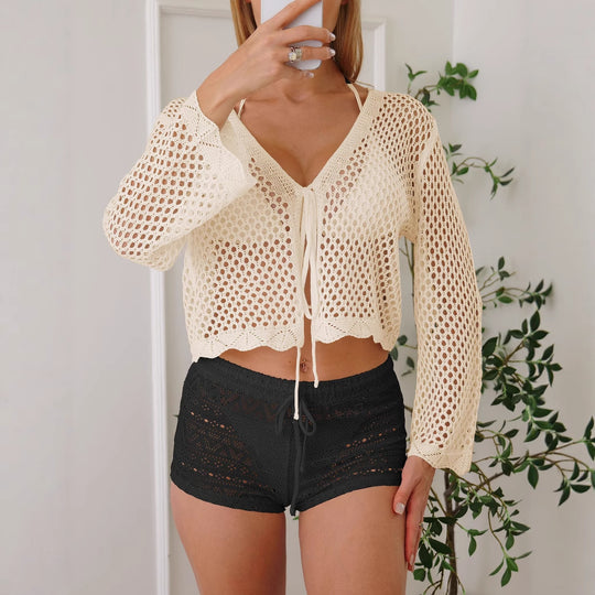 Damen Luftiger Häkelstrandpullover EB