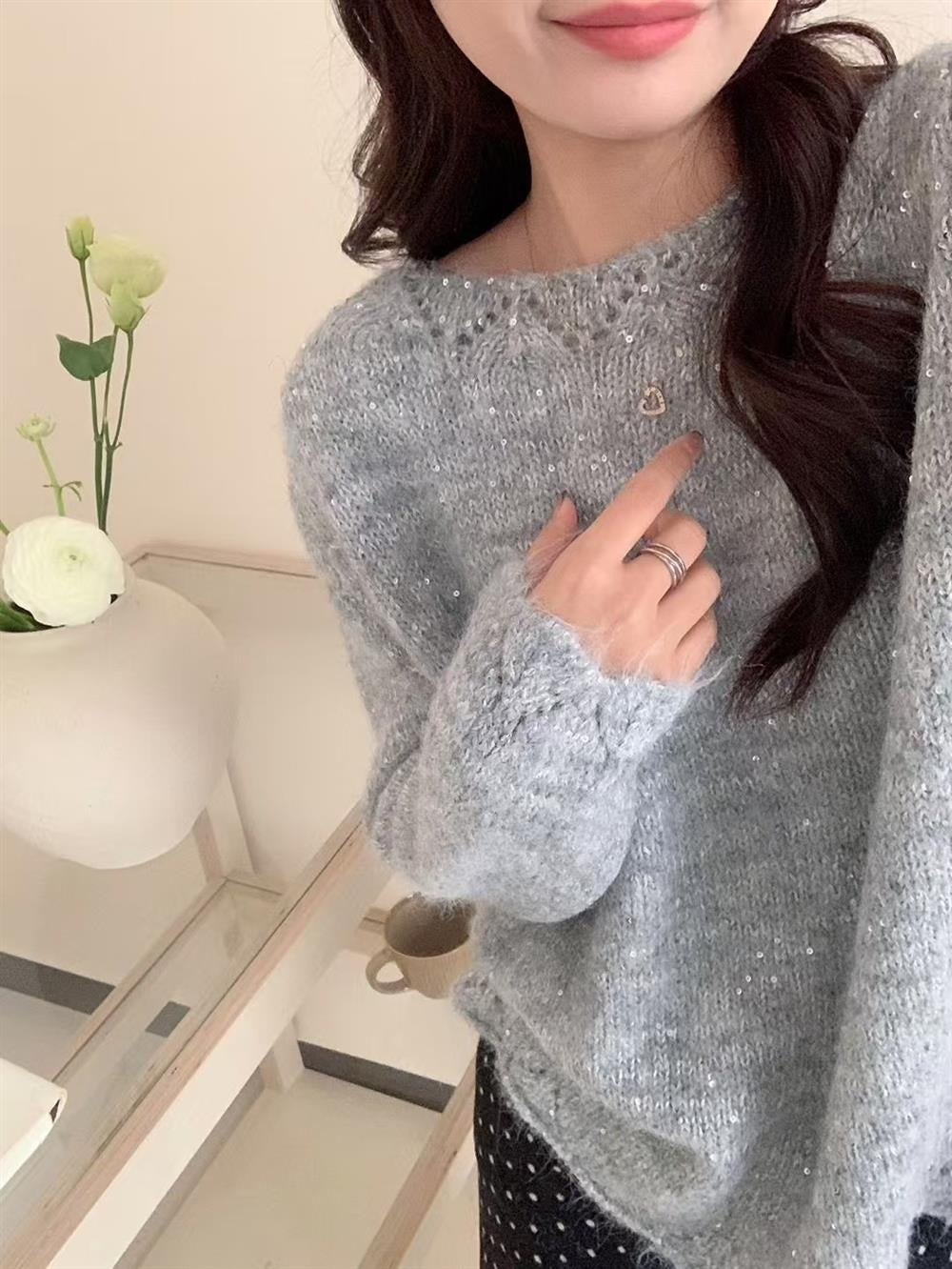 Damen Flauschiger Strickpullover mit glänzenden Akzenten und lockerem Schnitt EB