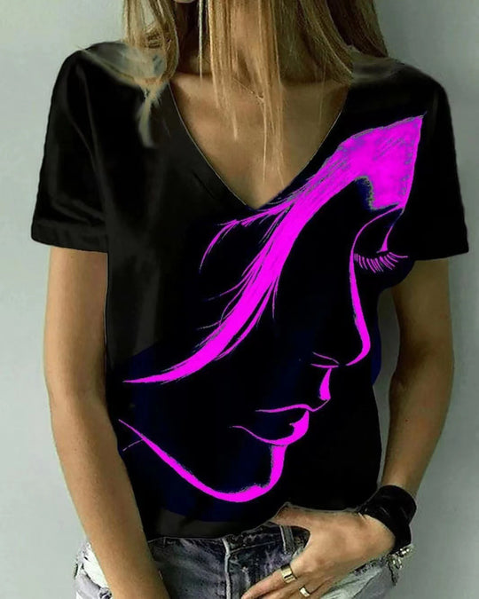 Damen V-Ausschnitt T-Shirt mit kreativem Grafikdruck EB