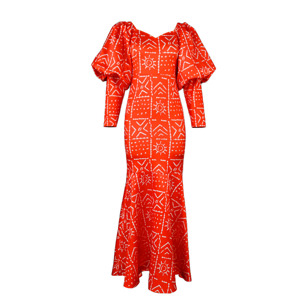 Damen Elegantes Maxi-Kleid mit extravaganten Puffärmeln und schimmerndem Design EB