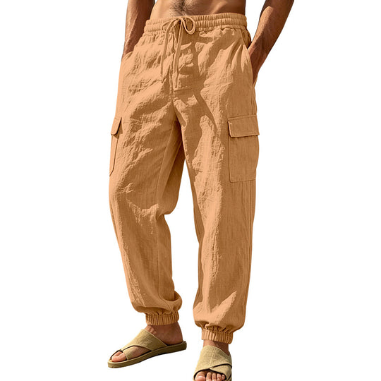 Herren nan leichte Cargo-Joggerhose aus Leinenmischung mit elastischem Tunnelzugbund, aufgesetzten Klappentaschen und gerippten Beinabschlüssen EB