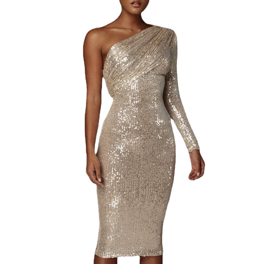 Damen Glitzerndes Midikleid mit asymmetrischem Schnitt und elegantem Raffung EB