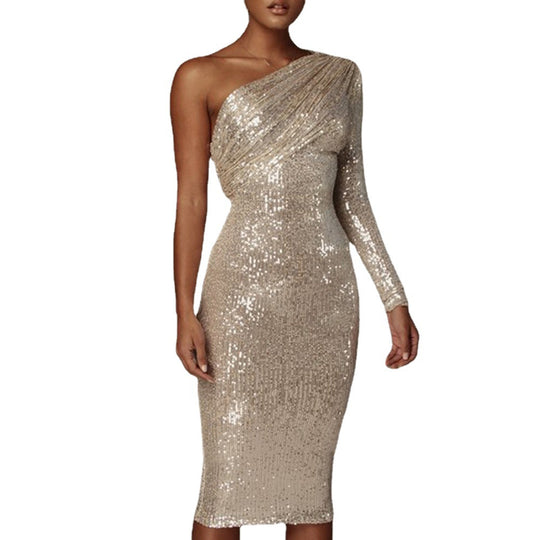 Damen Glitzerndes Midikleid mit asymmetrischem Schnitt und elegantem Raffung EB