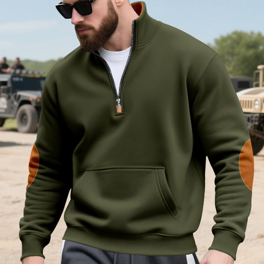 Herren nan Halbzip-Sweatshirt mit Stehkragen, Kängurutasche und kontrastierenden Ellbogenpatches EB