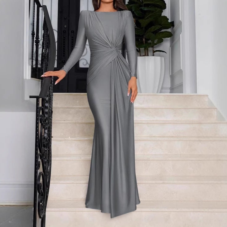 Damen Elegantes Longdress mit Raffung und hohem Kragen EB