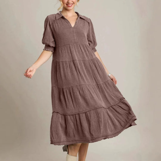 Damen lässiges Maxikleid mit V-Ausschnitt und volumetrischen Ärmeln EB