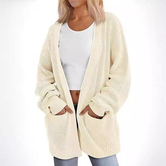 Damen Grobstrick Cardigan mit offenem Schnitt und praktischen Taschen EB