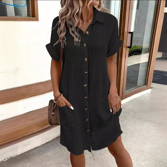 Damen Hemdblusenkleid aus leichtem Baumwollstoff mit praktischen Taschen und durchgehender Knopfleiste EB