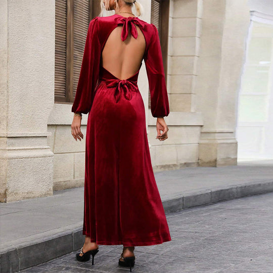 Damen elegantes Samt-Maxikleid mit taillierter Corsage, langen Ballonärmeln und fließender A-Linien-Rock Eichborn Berlin
