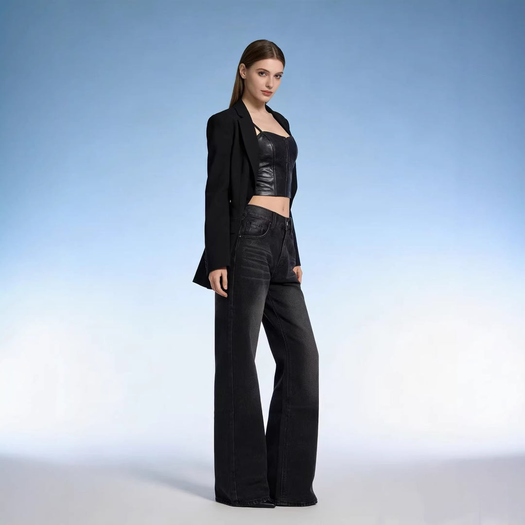 Damen nan hochgeschnittene Jeans mit schmaler Hüftpassform und weitem Schlag im Retro-Stil EB