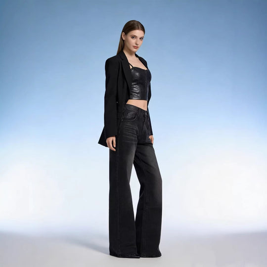 Damen nan hochgeschnittene Jeans mit schmaler Hüftpassform und weitem Schlag im Retro-Stil EB