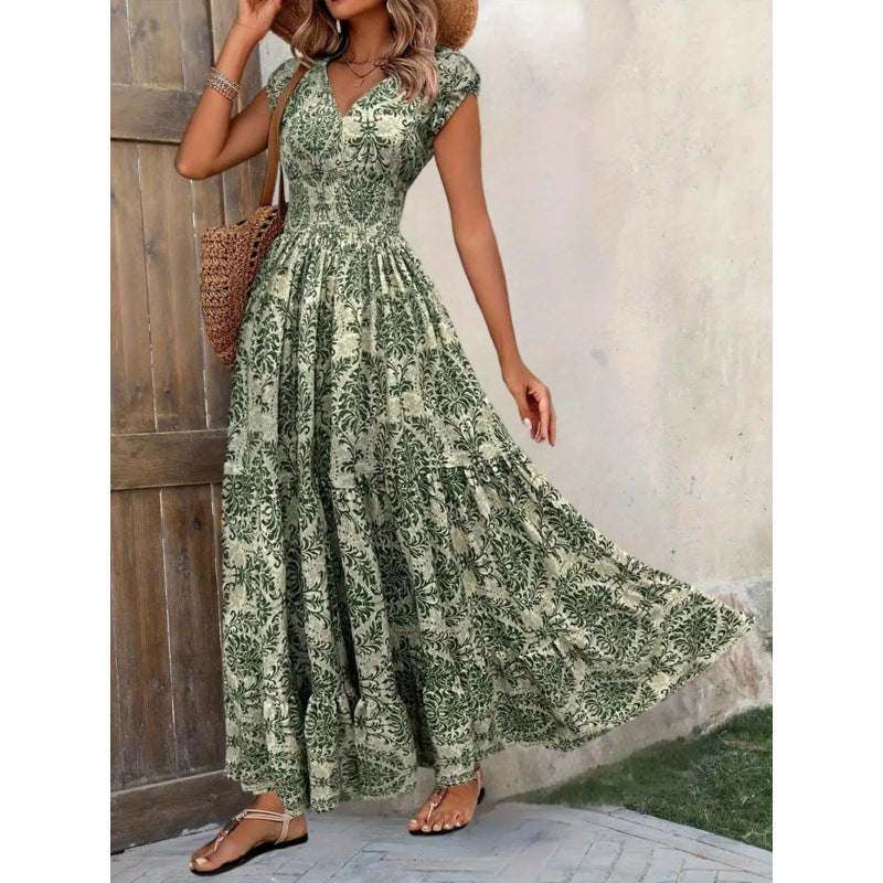 Damen Maxikleid mit nostalgischem Blumenmuster und voluminösem Rock EB