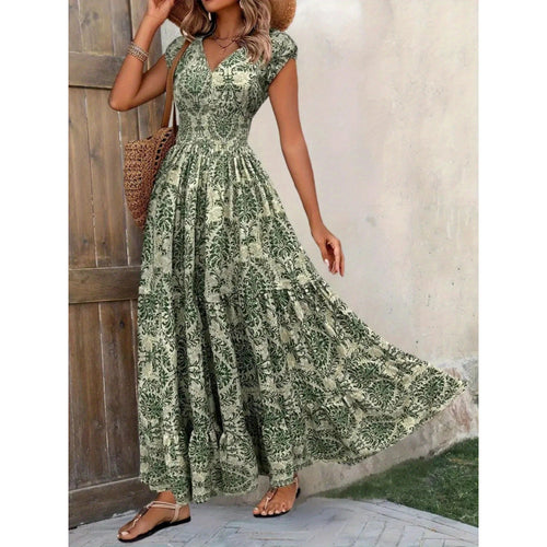 Damen Maxikleid mit nostalgischem Blumenmuster und voluminösem Rock EB